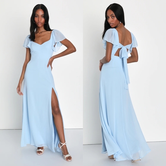 Lulus Simply Delightful Light Blue Tie-Back Flutter Sleeve Maxi M Wedding Party - Picture 1 of 10